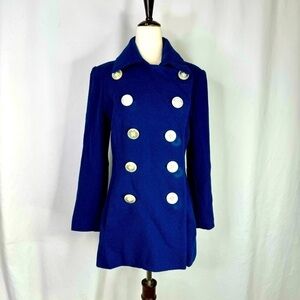 Vintage handmade royal blue double breasted wool coat oversized buttons pockets
